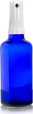 Image de Flacon en verre bleu 50 ml avec vaporisateur blanc, filetage 18/415