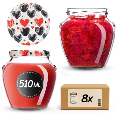 Zdjęcie produktu dla Słoiki do wekowania KADAX 510 ml z zakrętką fi82mm, słoiki z zakrętką, słoiki na miód, słoiki do wekowania miodu (serca, 8 sztuk)