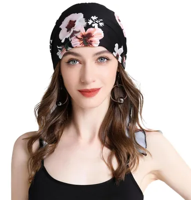 Zdjęcie produktu dla Czapka typu turban damska, gotowa do założenia, chusta na głowę, wzór kwiatowy, czarna, 100% poliester