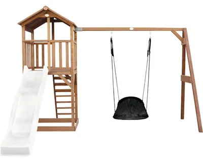 Imagen del producto de AXI Beach Tower torre de juegos de madera en marron | Casa de juegos para ninos con Tobogan blanco, columpio nido y arenero | Casa zancudo para el