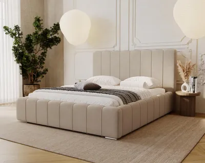 Obrázek produktu pro Čalouněná postel 200x200 Lisbon – manželská postel 200 x 200 s kovovým roštem, čelem, úložným prostorem – sametová béžová