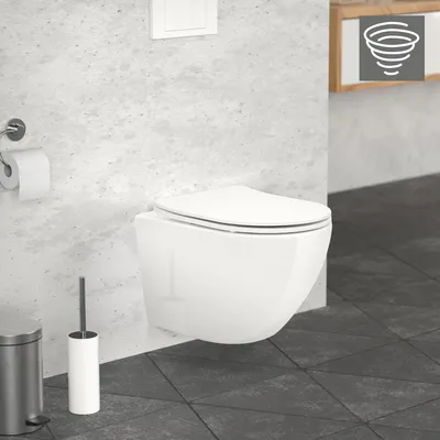 A modern bathroom with a wall-mounted toilet.
