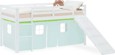 Image de Lit superposé 90x200 cm avec Toboggan Lit mezzanine en Bois Pin Massif Lit d'enfant Cadre de Lit Rideau Vert