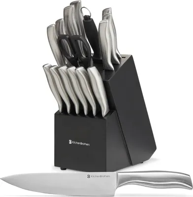 Produktbild von KitchenBrothers Messerset - Messerblock - 16-teilig - mit Schere und Wetzstahl - Silber/Edelstahl