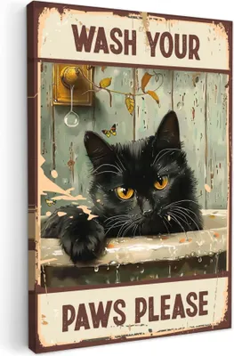 Produktbild von MuchoWow® - Leinwandbilder - Vintage - Katze - Zitate - Pfoten waschen bitte - Sprichwörter, Wandbild, Wanddeko Bilder Wohnzimmer, 40x60 cm