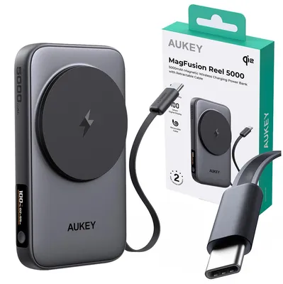 Zdjęcie produktu dla Powerbank MagSafe 5000mAh 20W wbudowany kabel USB-C MagFusion szary Qi2
