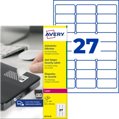 Produktbild von Avery Zweckform L6114-20, Sicherheits-Etiketten, A4, 63,5 x 29,6 mm, 540 Etiketten / 20 Bögen, weiß