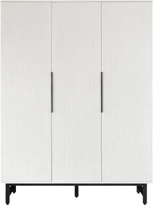 Produktbild von HOME DELUXE Kleiderschrank NYLA 150x60x200 cm, Weiß – 3-türig mit 3 Schubladen, geriffelte Front, Metallfüße, inkl. Kleiderstange (beschichtete Spanplatte)
