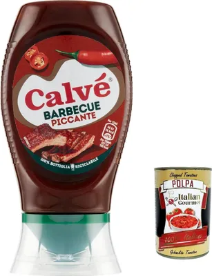 Produktbild von 12x Calvé, Salsa Barbeque Piccante, Würzige BBQ-Sauce, ideal für gegrilltes und nicht gegrilltes Fleisch, 250ml + Italian Gourmet polpa 400g
