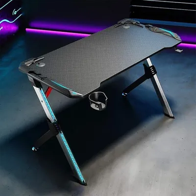 Obrázek produktu pro Herní stůl s LED podsvícením, 120 cm, RGB, ergonomický, herní stůl s držákem na nápoje a háčkem na sluchátka, černý, malý počítačový stůl