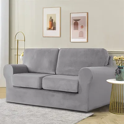 Produktbild von Samt-Stretch-Sofabezug mit separatem Rückenlehnenbezug und Sitzkissenbezug, Anti-Rutsch-Sessel-Sofa-Überzug mit Gummiband für Wohnzimmer (2-sitzer, Hellgrau)