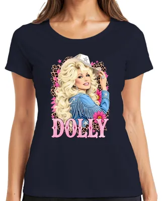 Productafbeelding van Dolly Parton, landelijke muzieklegende, cowgirl, western, retro, dames T-shirt, marineblauw, maat M
