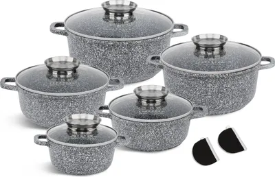 Produktbild von Graues Topfset 10tlg Topf Kompotttopf Suppentopf Kochtopf Keramik Marmor Induktionstöpfe GLASDECKEL (1.3L / 2.3L / 3.5L / 4.5L / 5.6L)