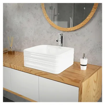 Produktbild von Waschbecken Keramik 390 x 390 x 150 mm Weiß mit Ablaufgarnitur, Quadratisches Aufsatzwaschbecken für Badezimmer/Gäste-WC
