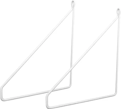 Two white metal shelf brackets are shown against a white background.