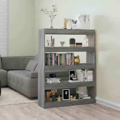 Immagine prodotto di Libreria a 4 ripiani, divisorio per ambienti, scaffale portaoggetti, colore grigio Sonoma, dimensioni 100x30x135 cm