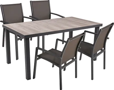 A table and four chairs set on a white background.
