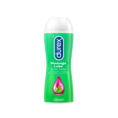 A bottle of Durex massage lube with aloe vera.