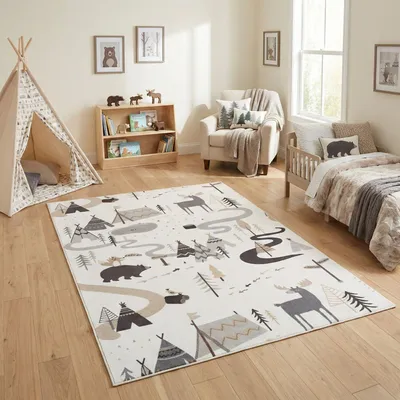 Immagine prodotto di Carpetsale24 Tappeto bambini animali foresta tappeto gioco per cameretta colore crema grandi aree gioco Dimensione: 140x200 cm