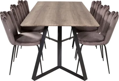 Produktbild von MarinaGRBL Essgruppe Esstisch El Holz Nachbildung grau und 6 Limhamn Esszimmerstühle Velour grau.