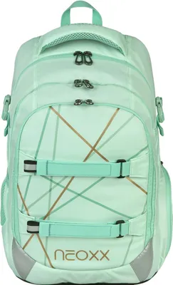 A mint green backpack with geometric patterns.