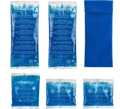 Produktbild von Relaxdays Kühlpads, 5er Set, 3 Größen, mit Hülle, Kalt Warm Kompressen, mikrowellengeeignet, Gel Kühlkompressen, blau