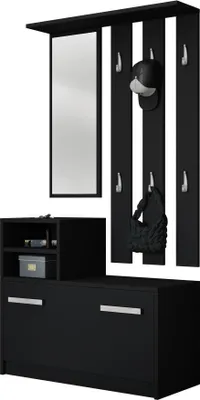 A black hallway furniture set with a mirror, coat hooks, and a shoe cabinet.