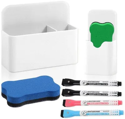 Image de Accessoires pour tableau blanc magnétique, 2 supports + 4 marqueurs + 2 éponges, pour l'école, le bureau, le réfrigérateur, l'armoire