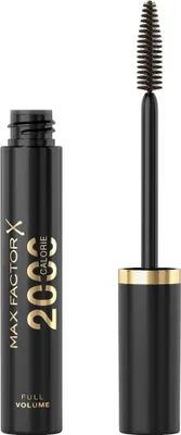 A black mascara tube with gold accents and a brown brush is shown against a white background.
