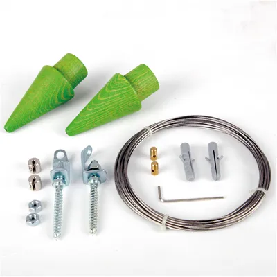 Image de Kit de tension pour cordes en bois, forme conique, vert, 5 mètres – Câble en acier inoxydable de 2 mm de diamètre, système de tension de corde adaptable, pour rideaux et draperies
