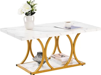 Produktbild von Couchtisch & Beistelltisch - Rechteckiger Wohnzimmertisch - Zweistufig - Marmoroptik - Metallgestell - Geometrische Beine - 95 kg Tragkraft - Weiß