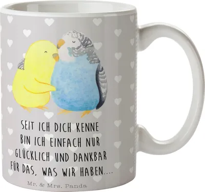 Produktbild von Mr. & Mrs. Panda Pott Wellensittich Liebe - Grau Pastell - Geschenk, Keramiktasse, Kaffeetasse, Tasse, Paar, Becher, kaffeebecher keramik, Verliebt, Heiraten, Dankbar