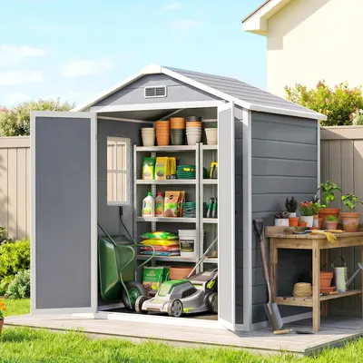Produktbild von Metall-Gerätehaus abschließbar, Gartenschuppen mit Fenster, Belüftung, Aluminiumrahmen, Grau | 183 x 134 x 210 cm | 36,5 kg | Doppeltür