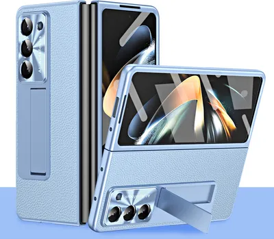Produktbild von Hülle für Samsung Galaxy Z Fold 5 Litschi Hart PC Stander Schutzhülle mit Displayschutz / Linsenschutz Blau