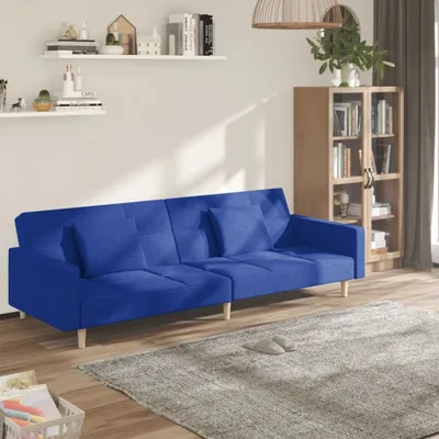 Produktbild von Design Schlafsofa 2-Sitzer mit 2 Kissen Blau Stoff, Schlafsofas 2024 Neu