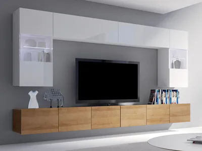 Produktbild von Moderne Wohnwand CALABRINI-1 Wohnzimmer-Set Hängewohnwand Schrankwand mit LED-Beleuchtung Hochglanz TV-Schrank Anbauwand (Weiß + Goldene Eiche)