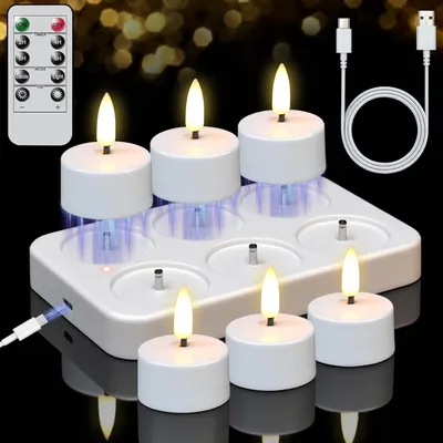 Produktbild von 6 er Teelichter Wiederaufladbar, mit Fernbedienung Ladestation, Aufladbare LED Teelichter Kerzen Flackernd, Timer, für Party Zimmer Weihnachten Deko