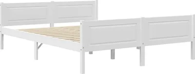 A white wooden bed frame with a slatted base, shown from a side angle against a white background.