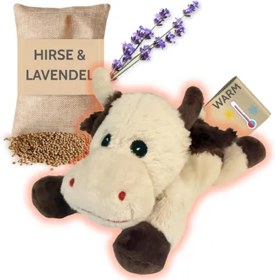 Productafbeelding van Warmtekussen 25 cm, mini koe, gierstkorrels met lavendel, magnetron verwarmbaar, voor kinderen