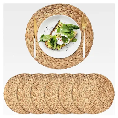 Produktbild von 6 Stück Tischsets aus natürlicher Wasserhyazinthe, runde gewebte Platzsets, geflochtene Stroh Tischsets für den Esstisch (35 cm)