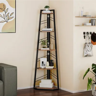 Produktbild von BALCONERA Eckregal 5 Ebenen, Eck-Bücherregal, Standregal Freistehend, Modernes Holzregal mit Stahlrahmen, Vintagebraun
