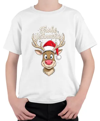 Produktbild von Frohe Weihnachten Rentier Niedlich Cartoon Weihnachtsmütze Lustig Kinder T-Shirt, Weiß, 104