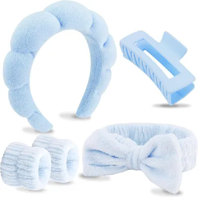 Productafbeelding van Haarbandset, blauw, 5-delig, 17x18x4 cm, met strik, geschikt voor make-up en spa-gebruik