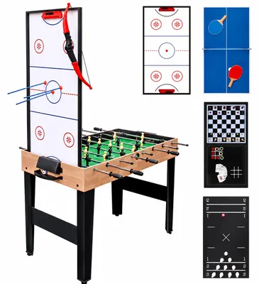 Image de Relaxdays, table de jeux 10 en 1 : baby-foot, hockey sur table, tennis de table, tir à l'arc, poker, bowling, échecs, et bien d'autres jeux, finition bois