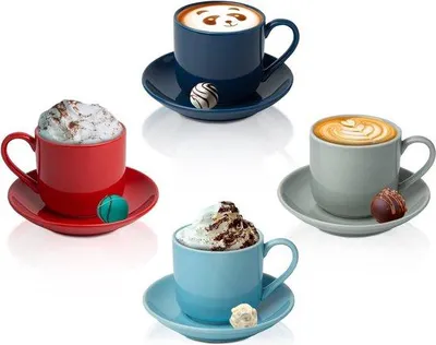 Produktbild von Espresso-Set mit 4 Tassen und passenden Untertassen - Premium Porzellan, 8-teiliges Demitasse-Set - Rot, Blau & Grau - italienische Kaffee-Mokkatassen, türkische Kaffeetassen - Lungo-Shots, Dopio-Double-Shot