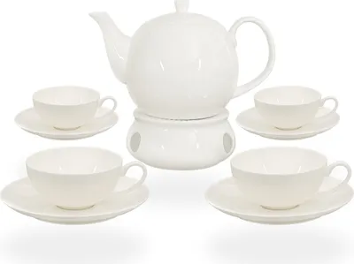 Produktbild von Buchensee Teeservice / Teeset / Teekanne 1,5 liter mit Stövchen und 4 Tassen je 150ml in weiß, Fine Bone China