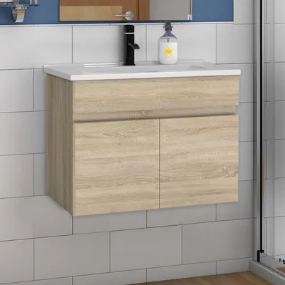 Produktbild von Waschtisch mit Unterschrank 60cm BERGEN Badmöbel Set Eiche Keramik Waschbecken mit Unterschrank MDF Softclose