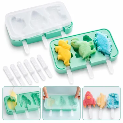 Produktbild von 2er Set Silikon Eisformen für Kinder, BPA frei, wiederverwendbare Eis am Stiel Formen mit Deckel, DIY Popsicle Form Set, Tiere & Fahrzeuge
