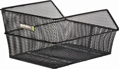 A black mesh bicycle basket is shown from a slightly elevated diagonal angle against a white background.