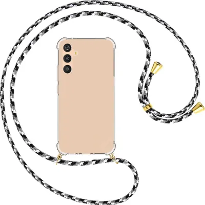 Produktbild von Handykette Backcover-Schutzhülle mit Band (Metall goldfarben) für Samsung Galaxy A34 5G - schwarz/grau/weiß